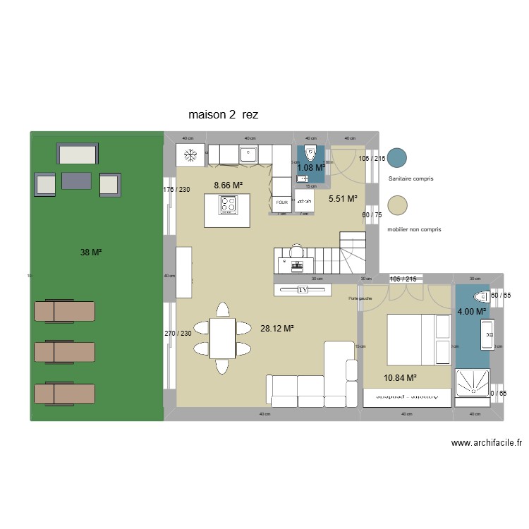 ch 1 et 2 . Plan de 4 pièces et 60 m2