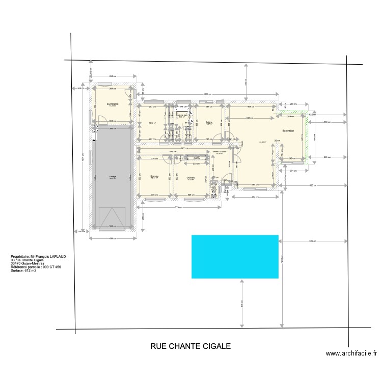 Extention et Implantation piscine . Plan de 14 pièces et 163 m2