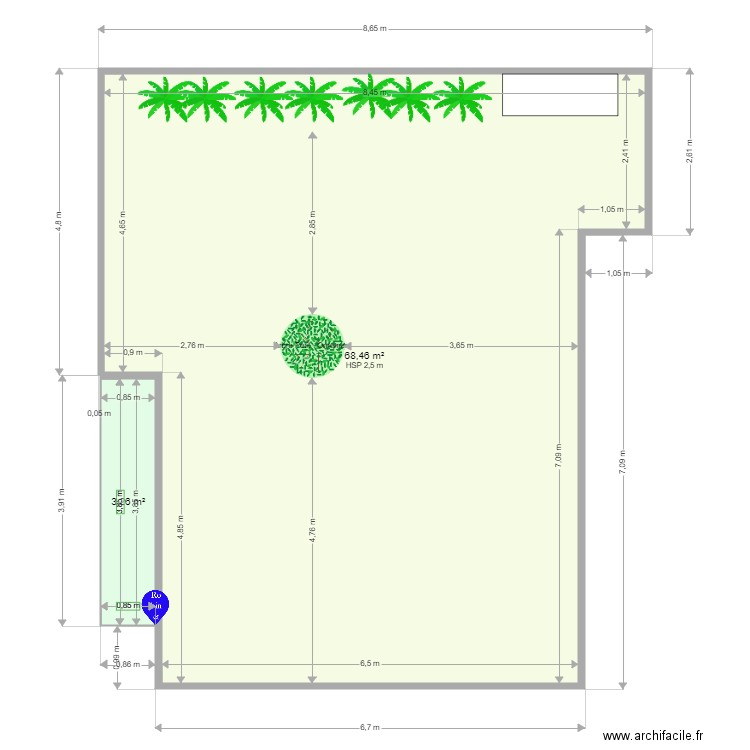 zone derriere studio. Plan de 2 pièces et 72 m2