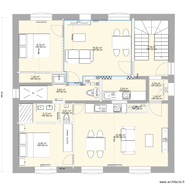 R et R1 V2. Plan de 13 pièces et 83 m2