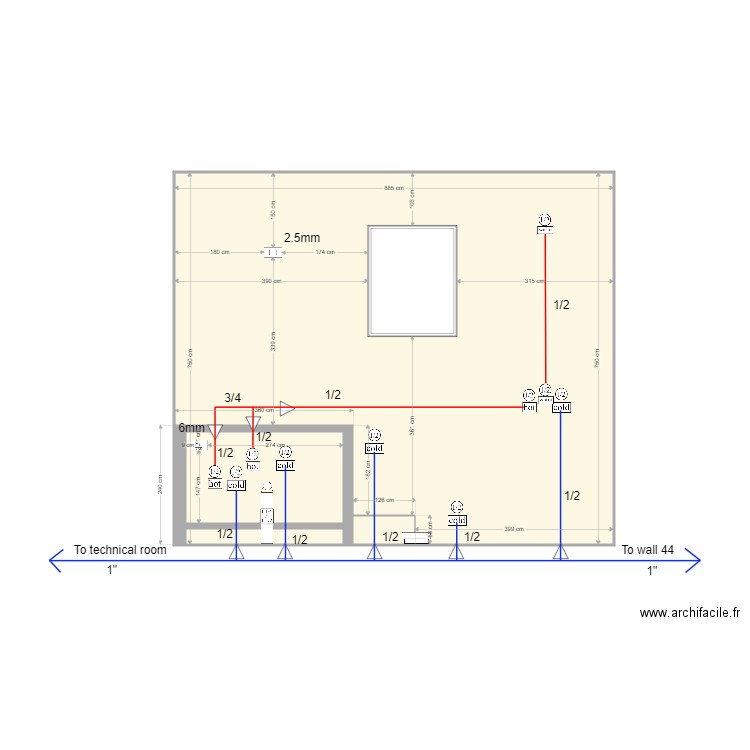 wall 23 3 cabinet and piping X 3. Plan de 4 pièces et 65 m2