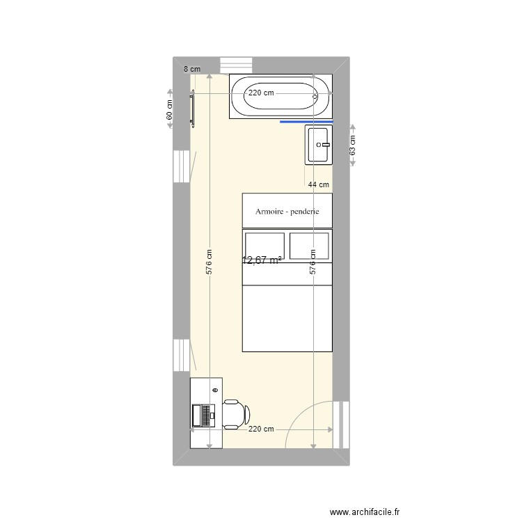 Malnati - plan chambre atelier v3 avec baignoire. Plan de 1 pièce et 13 m2