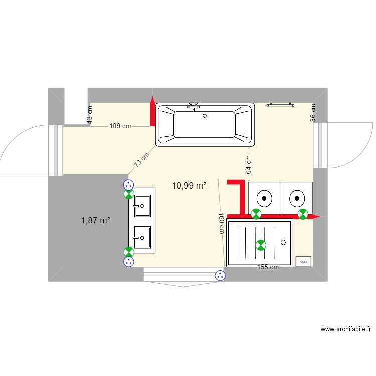 SALLE DE BAIN. Plan de 2 pièces et 15 m2