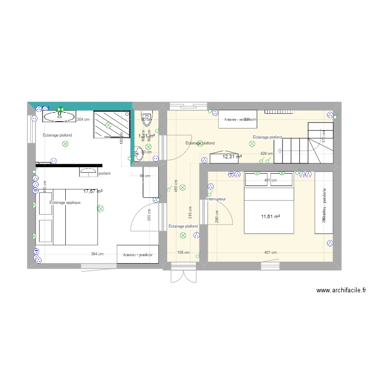 cuisine salon. Plan de 4 pièces et 43 m2