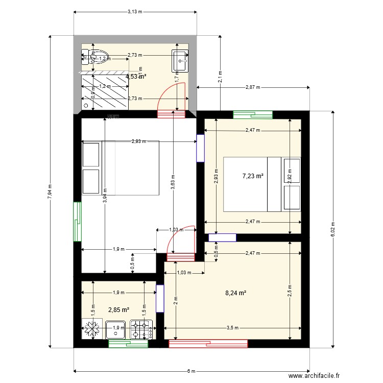 FAOYE 6x6 détails. Plan de 4 pièces et 23 m2