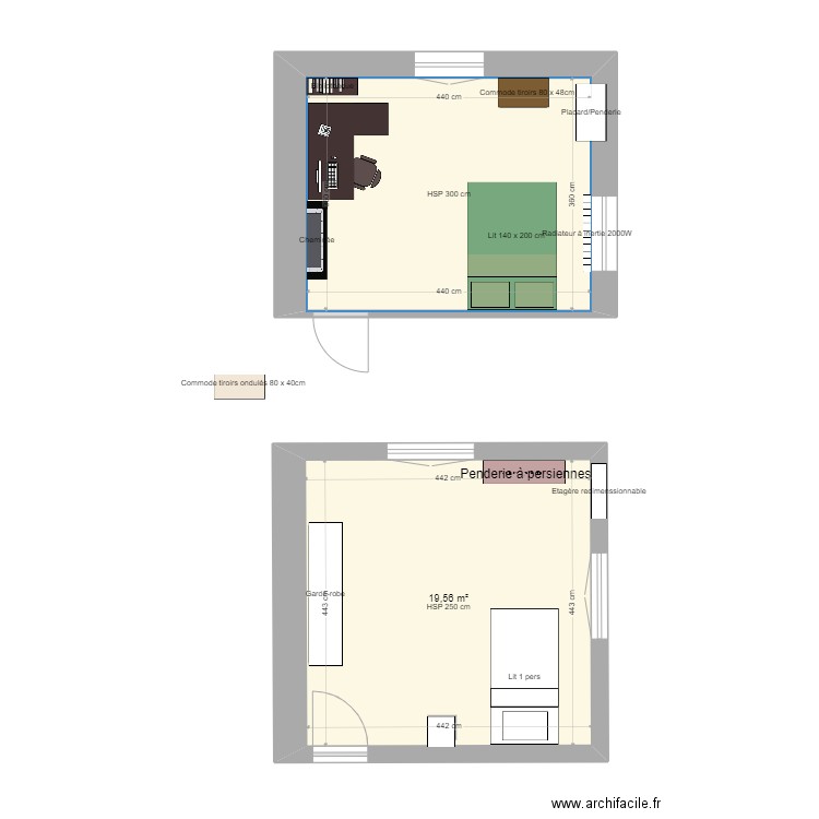 SSS petite chambre V1 Marie. Plan de 2 pièces et 35 m2