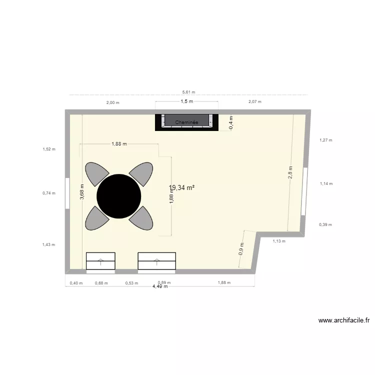 Cuisine + salle &agrave; manger. Plan de 