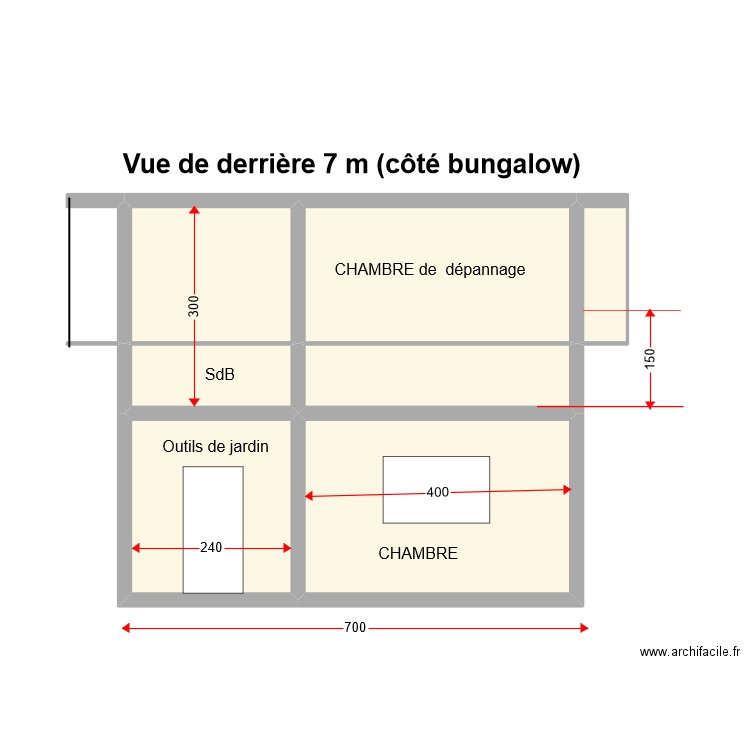 Vue de derrière 7m côté bungalow. Plan de 7 pièces et 37 m2