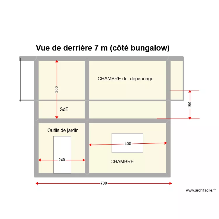 Vue de derri&egrave;re 7m c&ocirc;t&eacute; bungalow. Plan de 