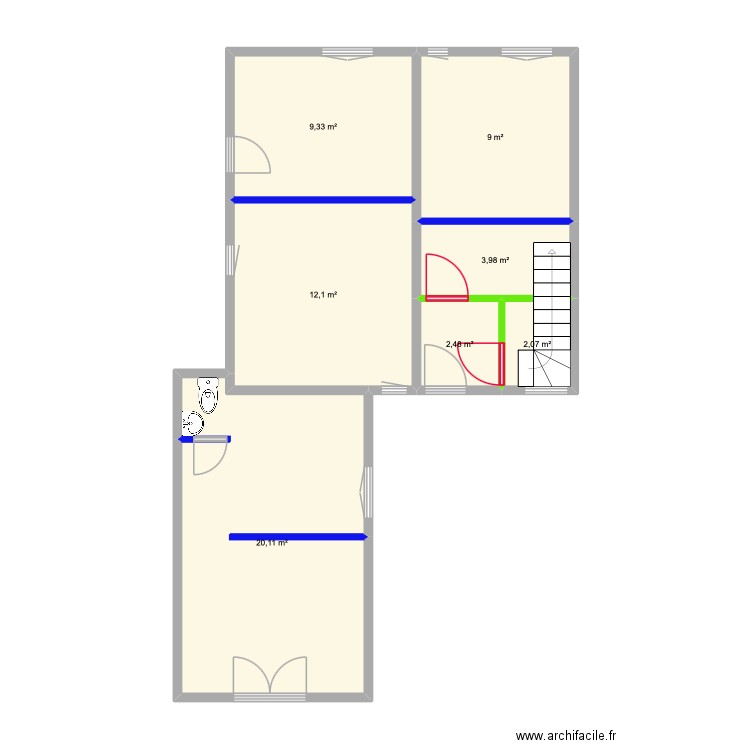 Existant. Plan de 7 pièces et 59 m2