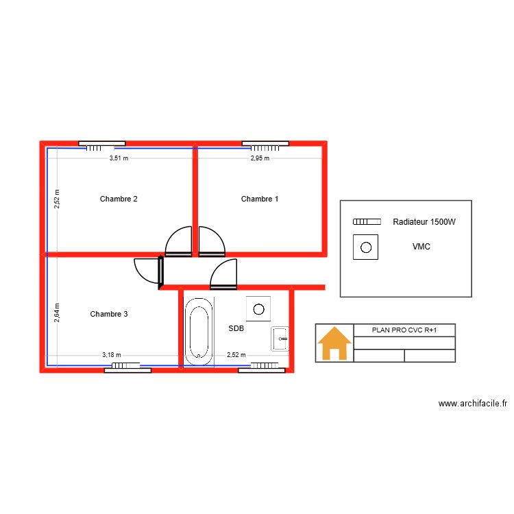 FARCI R+1 CVC. Plan de 4 pièces et 29 m2