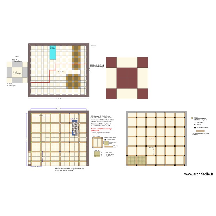 Carrelage. Plan de 3 pièces et 183 m2