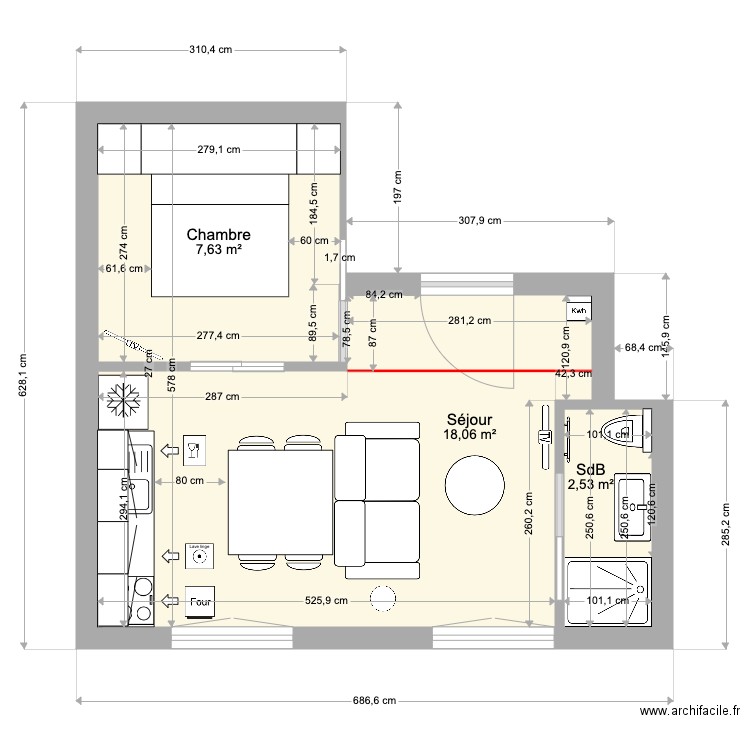 Sully V4. Plan de 3 pièces et 28 m2