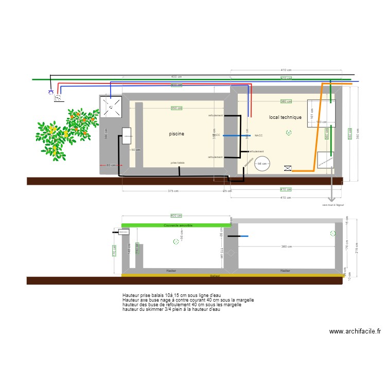 PLAN PISCINE LA LONDE avec tuyau. Plan de 2 pièces et 20 m2