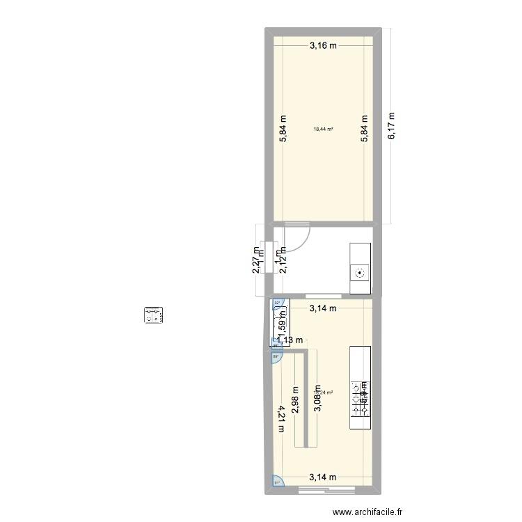 cuisine Raoued. Plan de 2 pièces et 37 m2