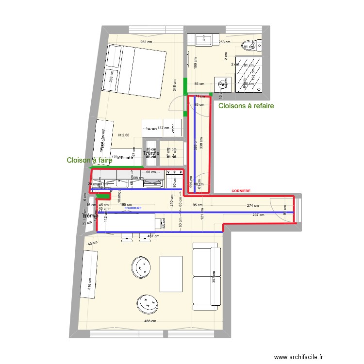 Morillons Faux plafonds. Plan de 6 pièces et 46 m2