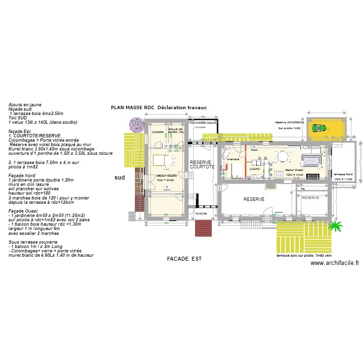 plan masse RDC déclaration de travaux avec détails ajouts. Plan de 3 pièces et 120 m2