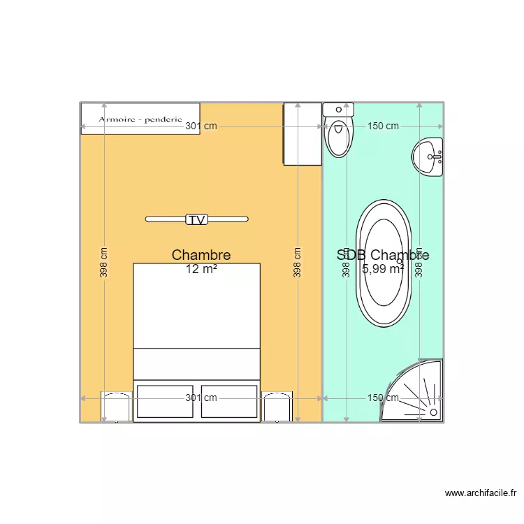 Chambre + SDB. Plan de 