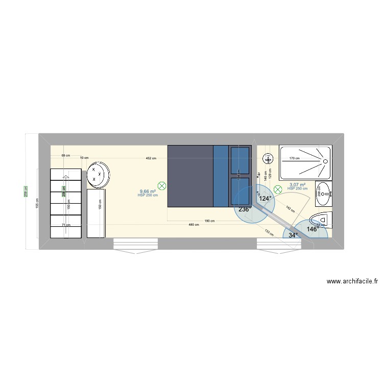 Studio T1. Plan de 2 pièces et 13 m2