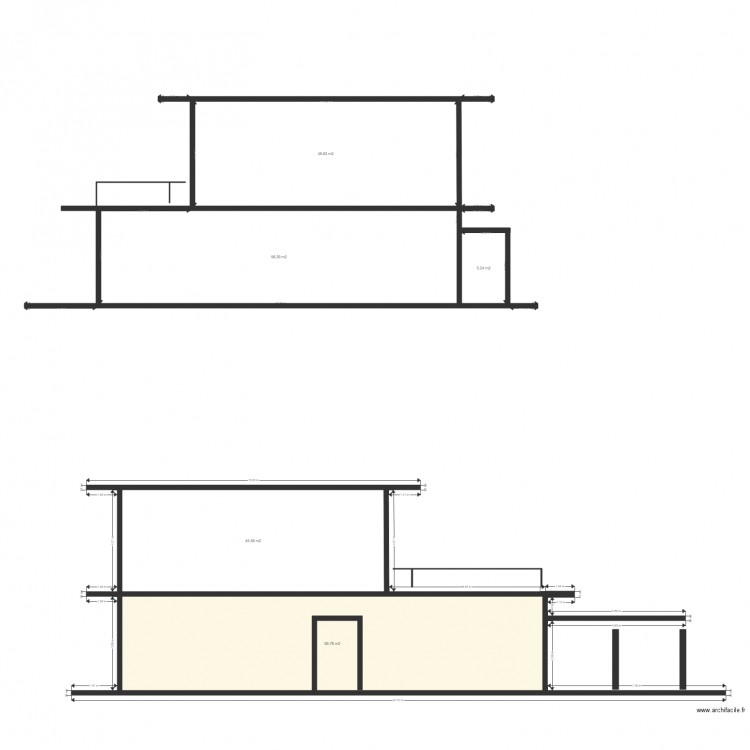 Façade sud et est. Plan de 5 pièces et 219 m2