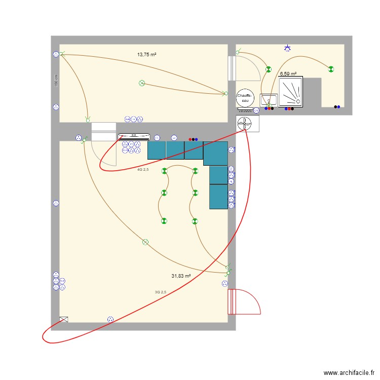 gueriaud RDC. Plan de 3 pièces et 52 m2