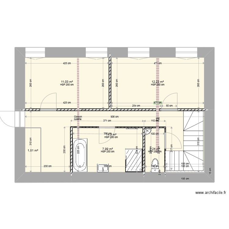 République étage projet 1quater sans isolation mur 60cm. Plan de 7 pièces et 104 m2