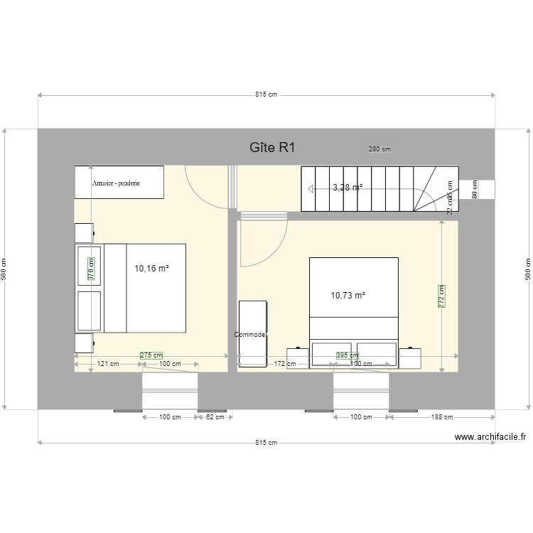 Gite R1 b2. Plan de 3 pièces et 24 m2