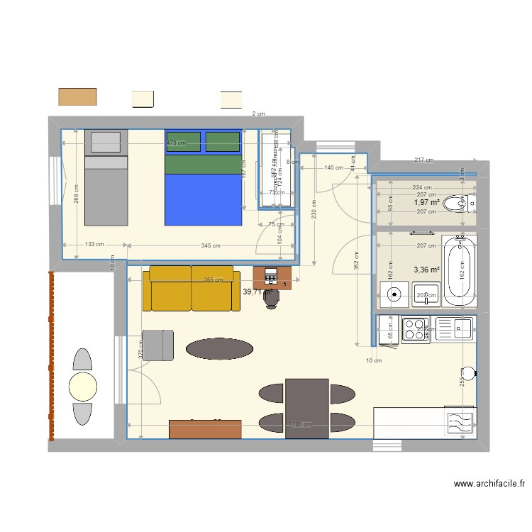 Jaunay. Plan de 3 pièces et 45 m2