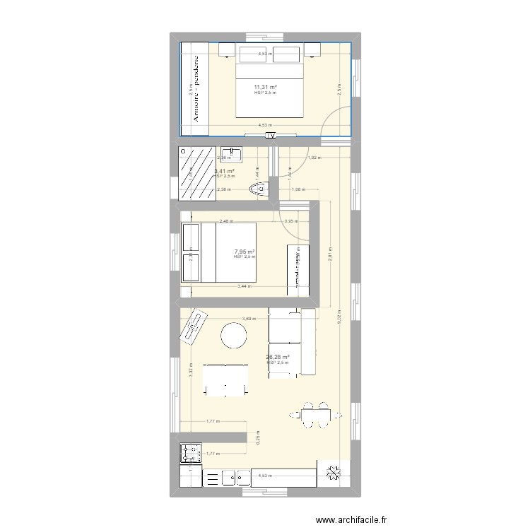 plan maison 2 conteneurs collés. Plan de 4 pièces et 49 m2