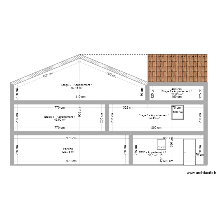 Coupe façade 2. Plan de 6 pièces et 108 m2