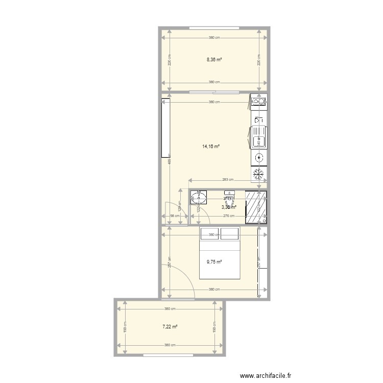 la capte meublée. Plan de 5 pièces et 43 m2