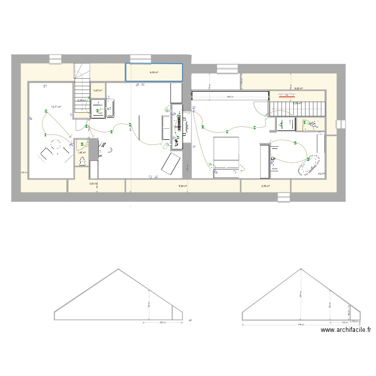 La Soudelle combles Electricité. Plan de 13 pièces et 55 m2