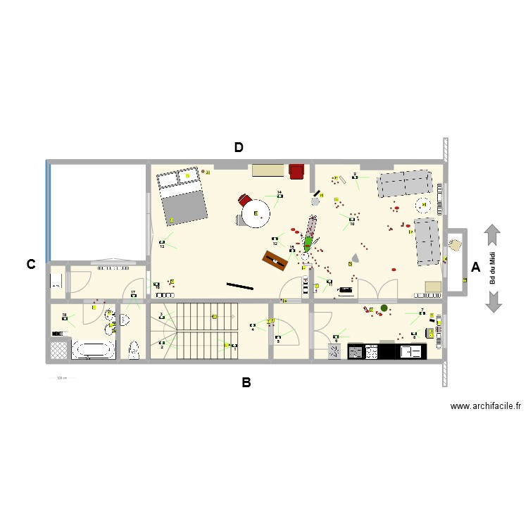 Midi 52 (plan scène de crime). Plan de 10 pièces et 105 m2