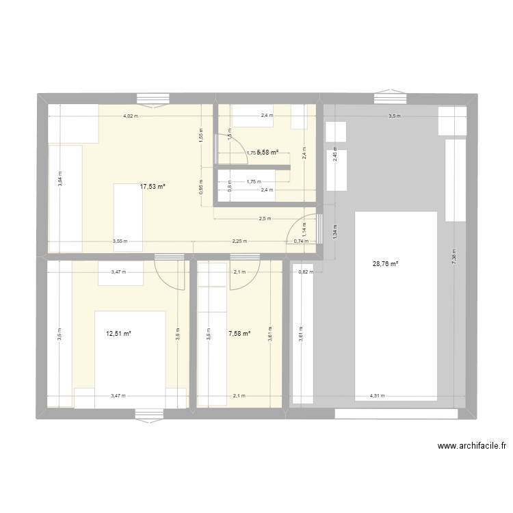 RDC2. Plan de 5 pièces et 72 m2