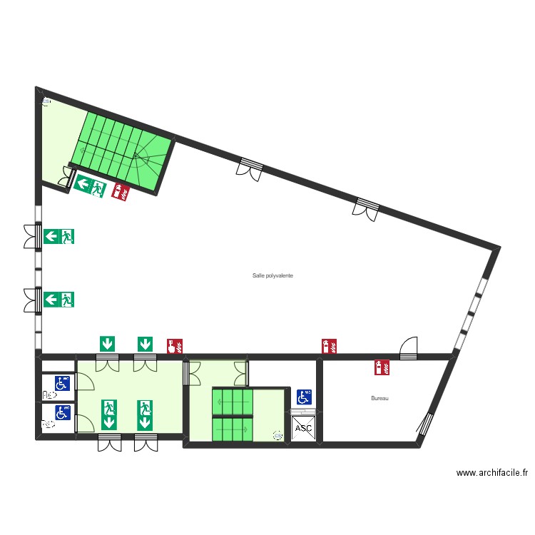 Mosquée 1er étage sud escalier. Plan de 9 pièces et 74 m2