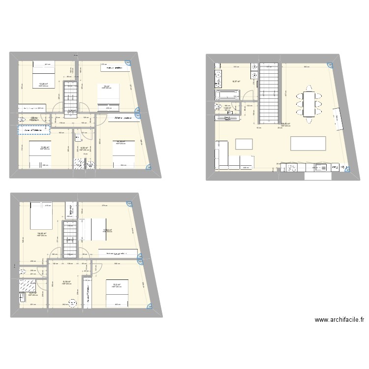 denée. Plan de 16 pièces et 199 m2