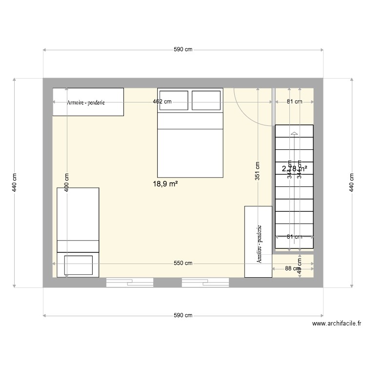 1800 etage. Plan de 2 pièces et 22 m2