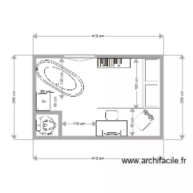 Studio 8 74 m V2 baignoire. Plan de 