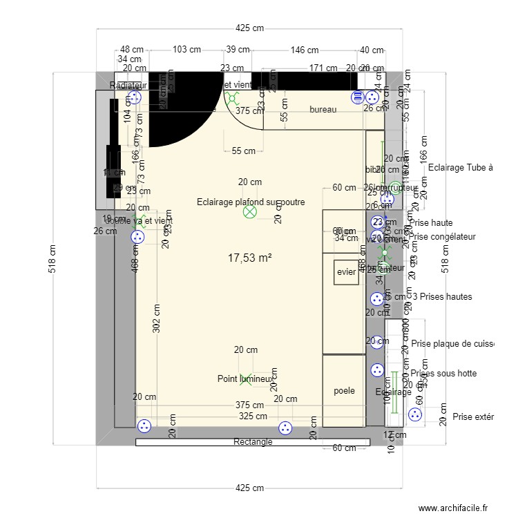 dépendance cotation. Plan de 1 pièce et 18 m2