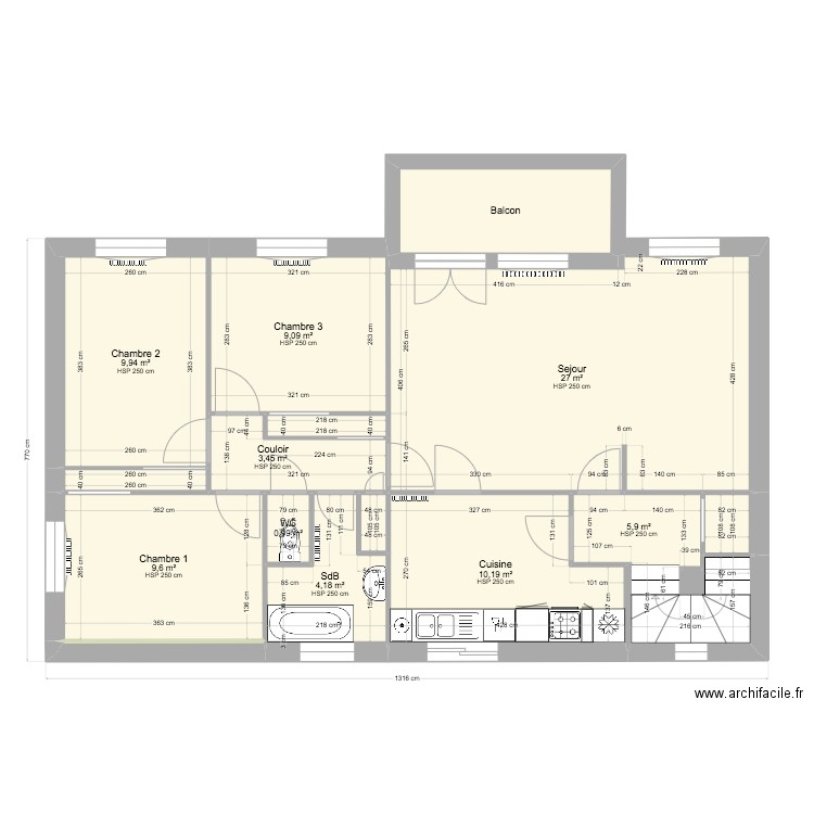 Cotations 1er étage existant. Plan de 16 pièces et 90 m2
