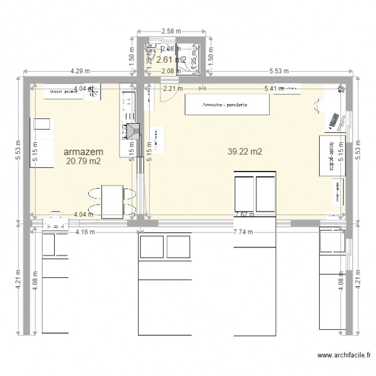 armazem studio trabalho. Plan de 3 pièces et 63 m2