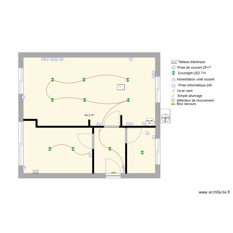 sci du marche. Plan de 1 pièce et 44 m2