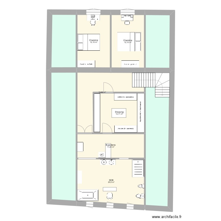 Étage houblonnière . Plan de 10 pièces et 145 m2