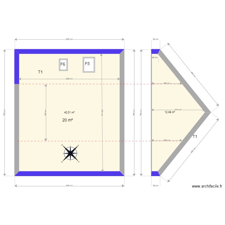 combles perocheau. Plan de 2 pièces et 55 m2