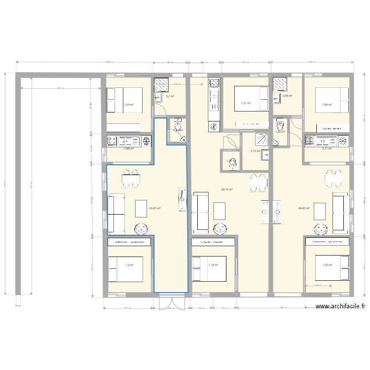 nyalla. Plan de 17 pièces et 145 m2