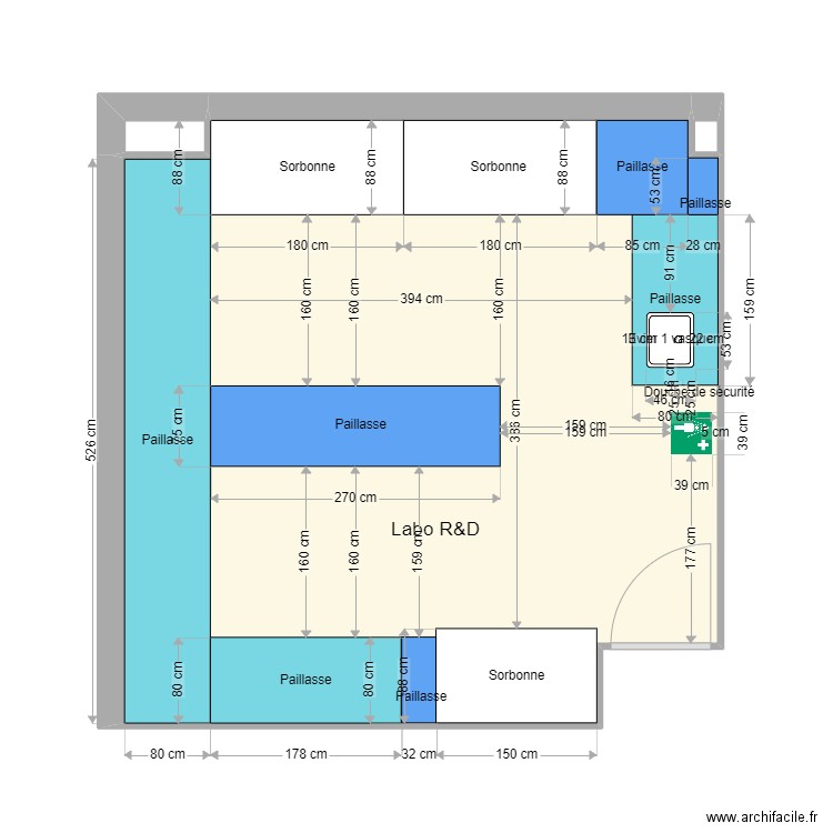 Labo R&D rdc selon Equipe labo. Plan de 3 pièces et 30 m2