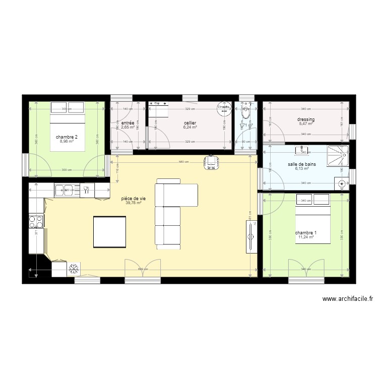 plain pied 82m2 2ch . Plan de 8 pièces et 82 m2