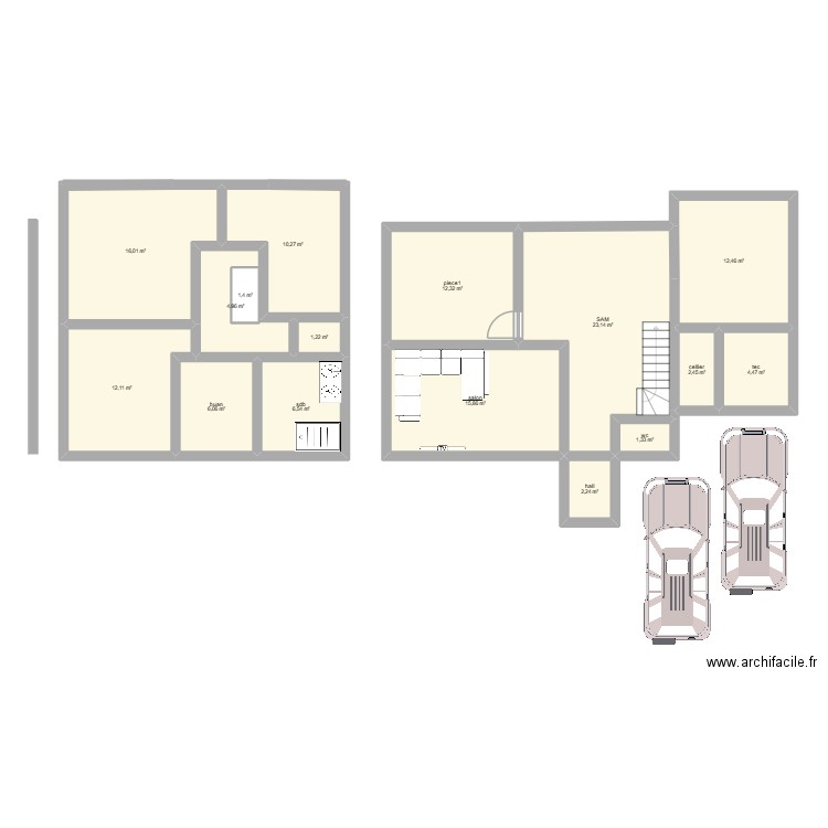projet 2 maison. Plan de 16 pièces et 134 m2