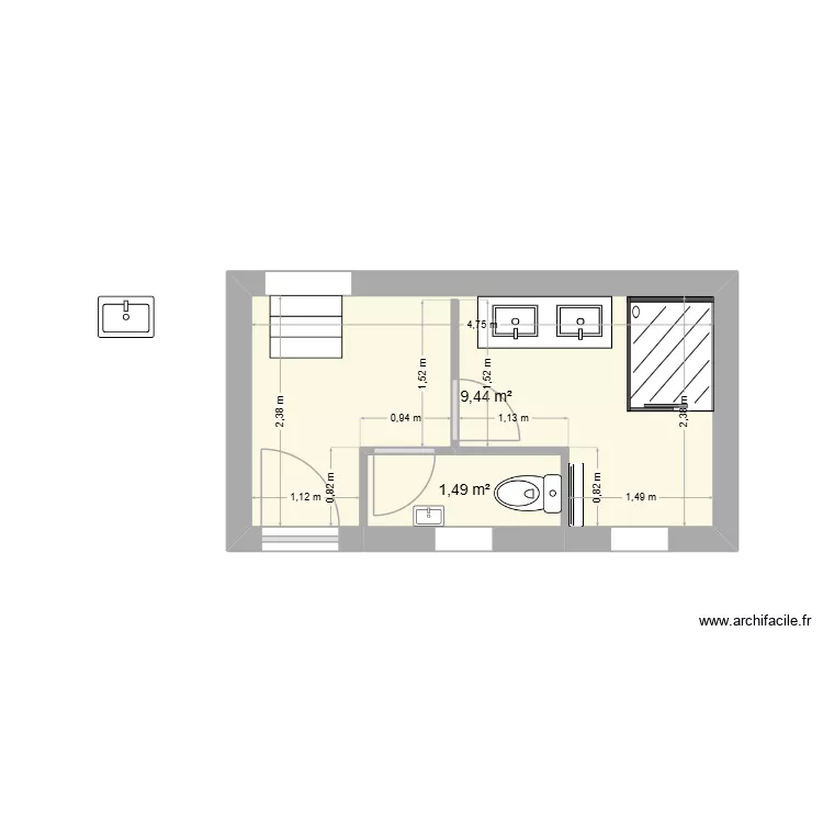 agrandissement salle de bain. Plan de 2 Pièces et 11 m²