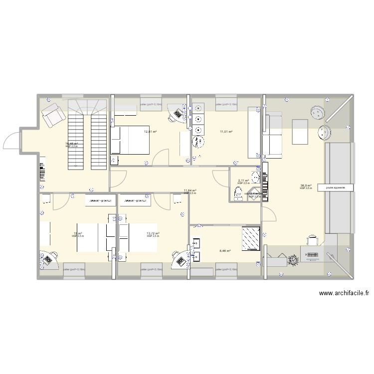 étage maison 1. Plan de 10 pièces et 129 m2